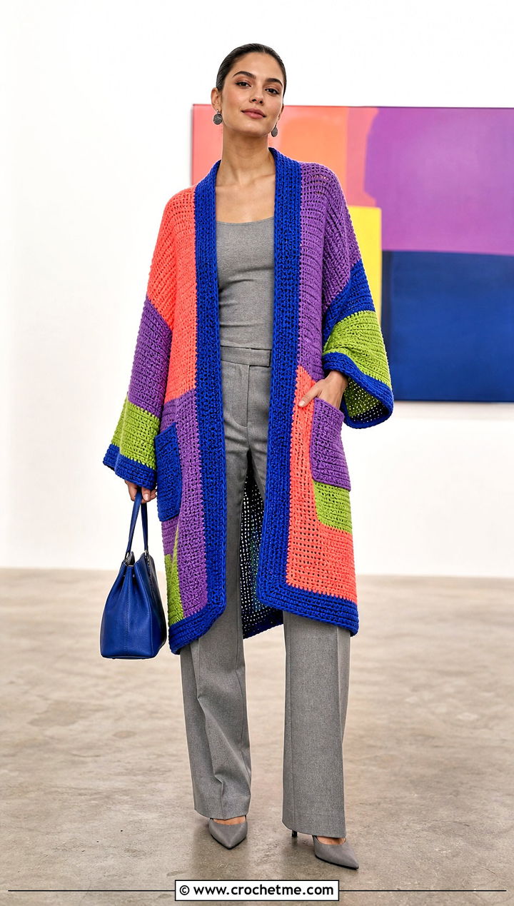 Multicolor Pocket Ruana With Monochrome Outfit - 35 crochet wrap with pockets outfit ideas