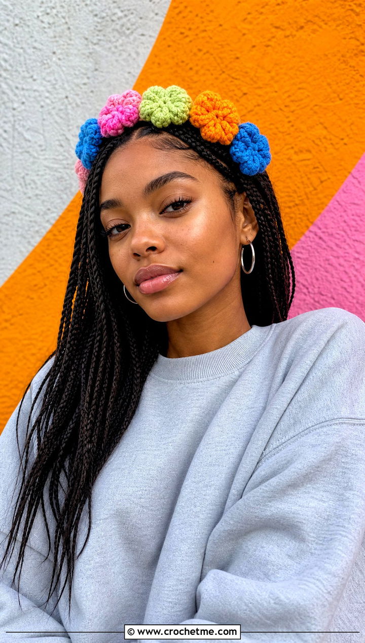 Multicolor Puff Flower Garland Headband With Streetwear - 25 crochet puff flower headband outfit ideas