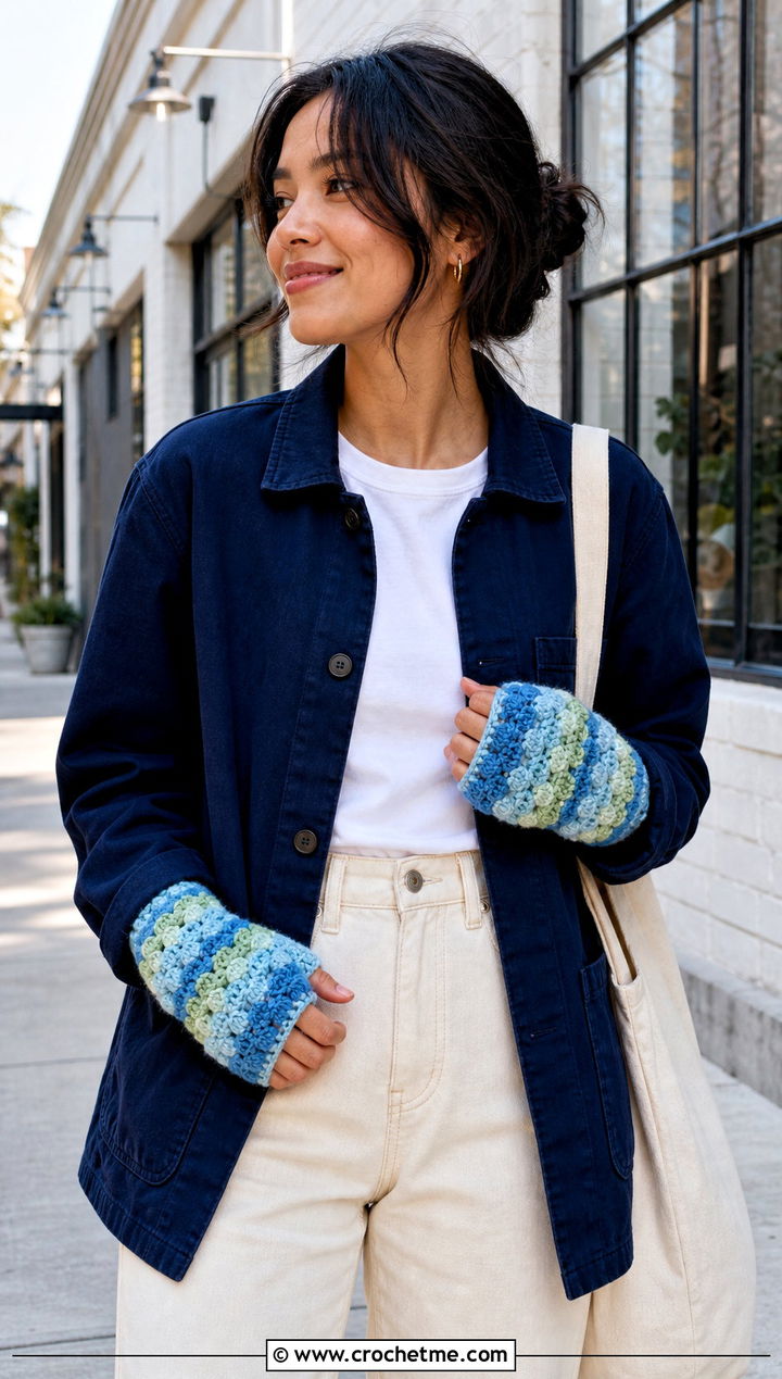 Multicolor Puff Stitch Fingerless Gloves With Chore Jacket - 15 Crochet Puff Stitch Fingerless Gloves outfit ideas