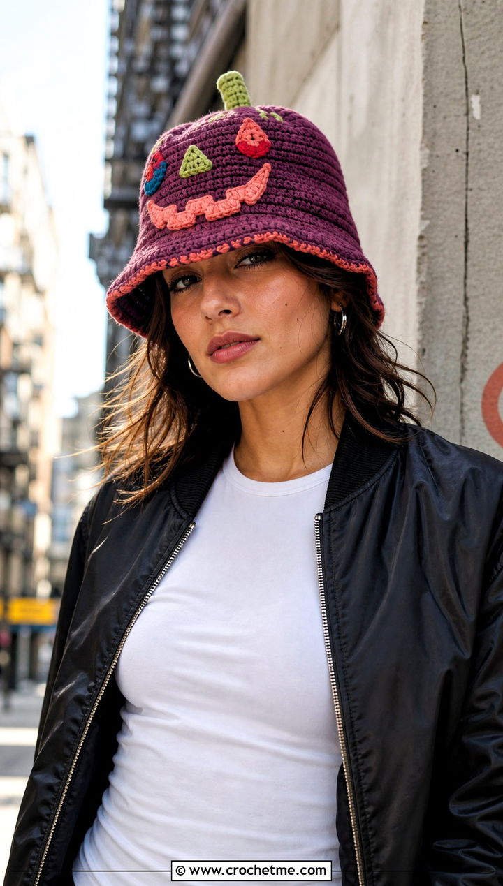 Multicolor Pumpkin Face Bucket Hat With Bomber Jacket - 30 crochet pumpkin bucket hat outfit ideas