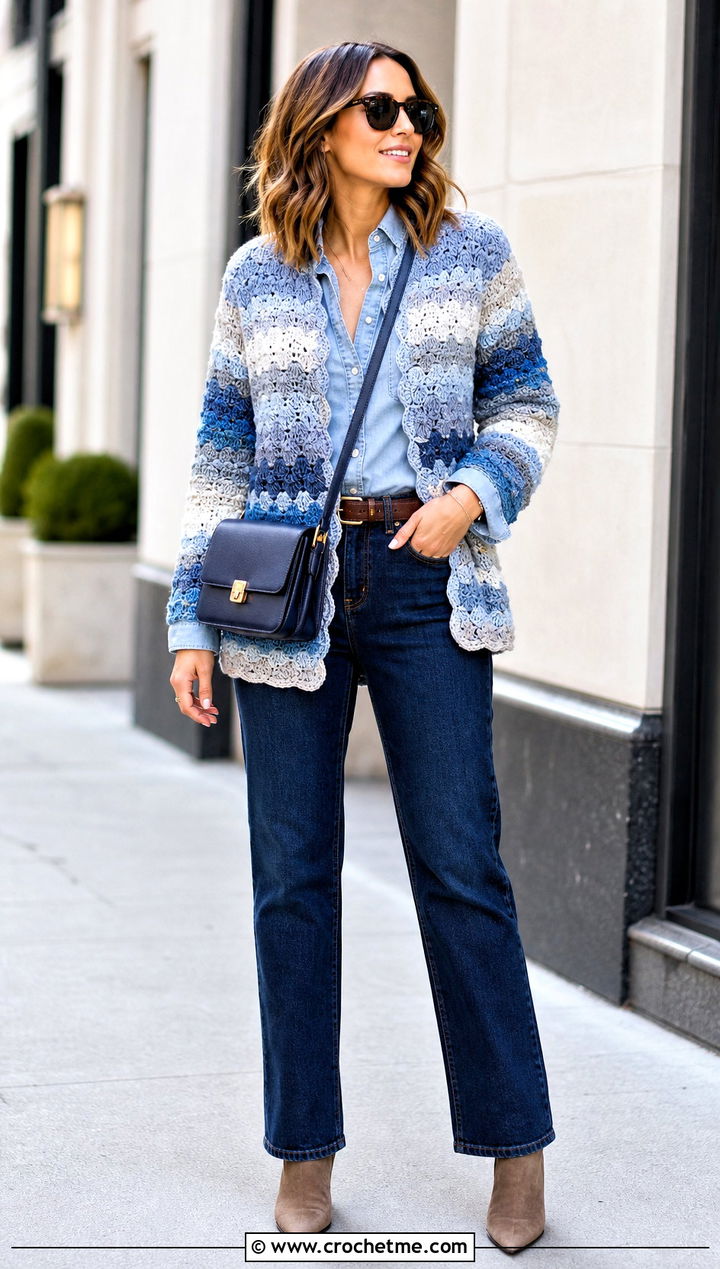 Multicolor Riverbed Crochet Cardigan With Double Denim - 25 riverbed crochet cardigan outfit ideas