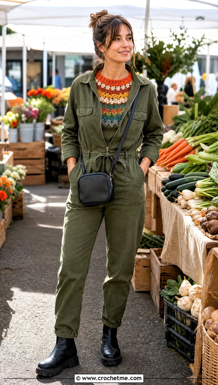Multicolor Round Yoke Crochet Sweater With Utility Jumpsuit - 20 Round Yoke Crochet Sweater outfit ideas