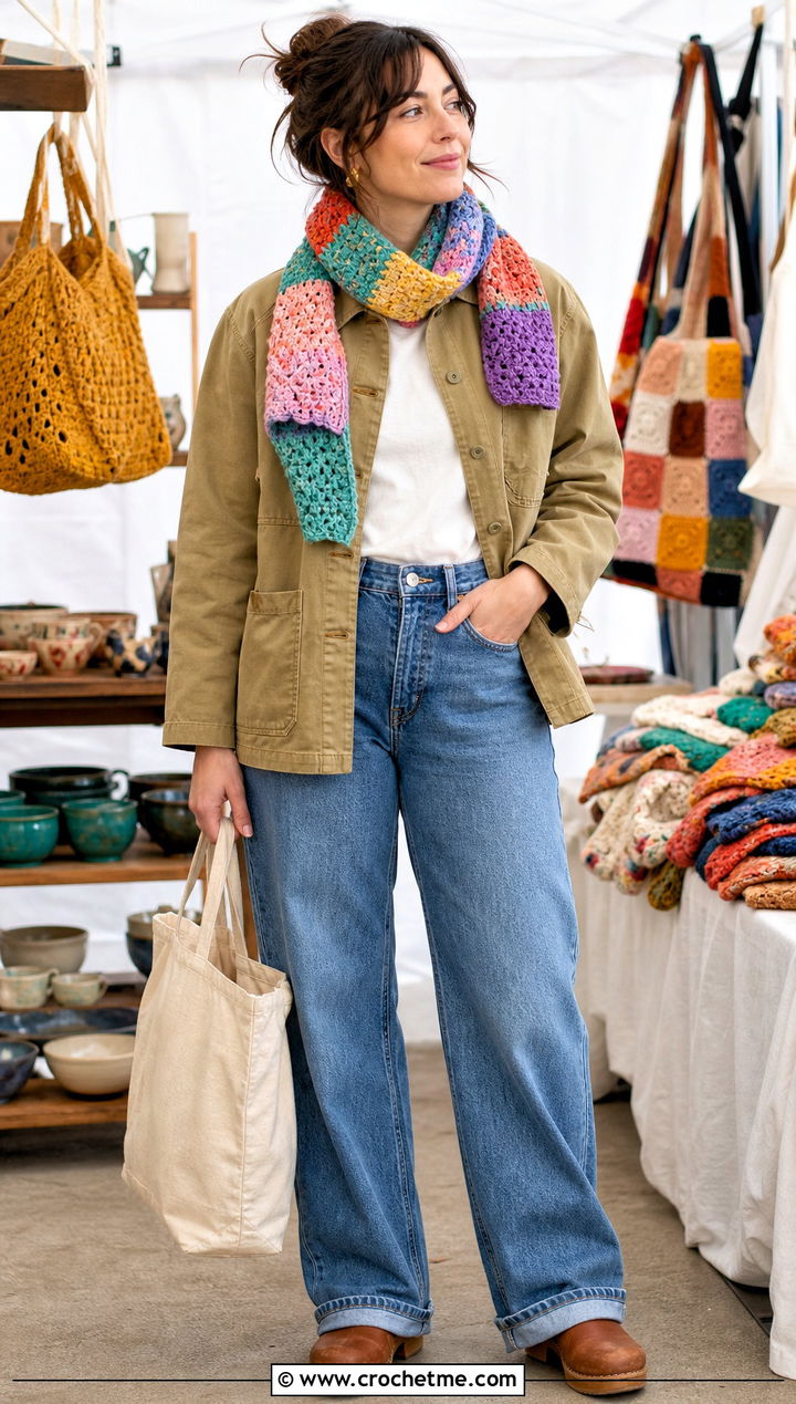 Multicolor Scrap Crochet Mini Scarf With Chore Coat And Jeans - 35 crochet mini scarf outfit ideas