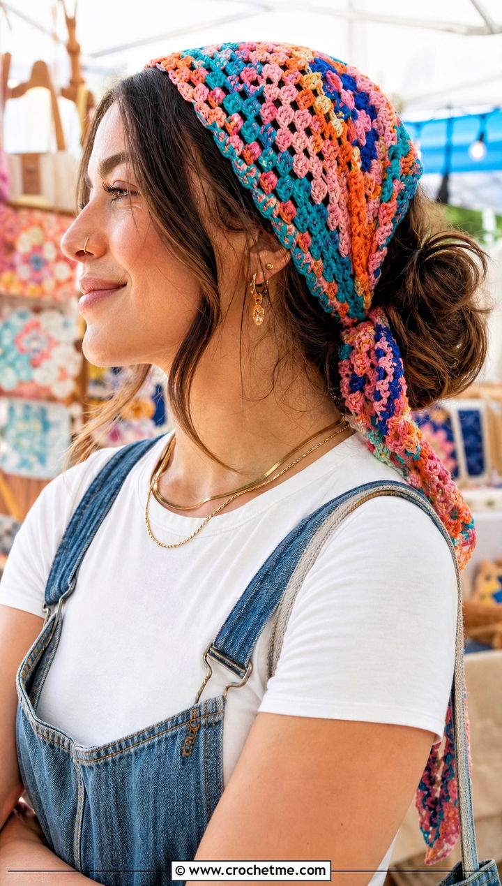 Multicolor Scrap Yarn Crochet Bandana With Casual Overalls - 25 crochet bandana hair scarf outfit ideas