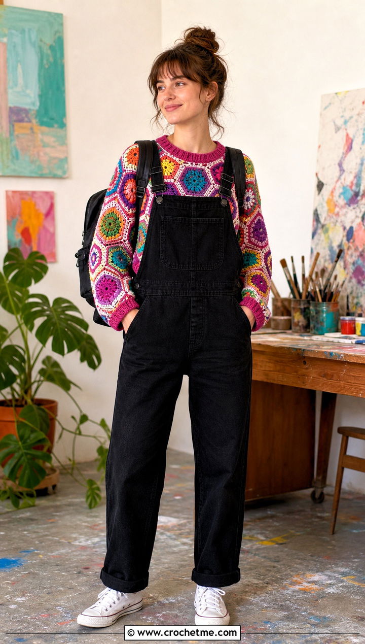 Multicolor Scrap Yarn Hexagon Jumper With Black Overalls - 30 crochet hexagon jumper outfit ideas