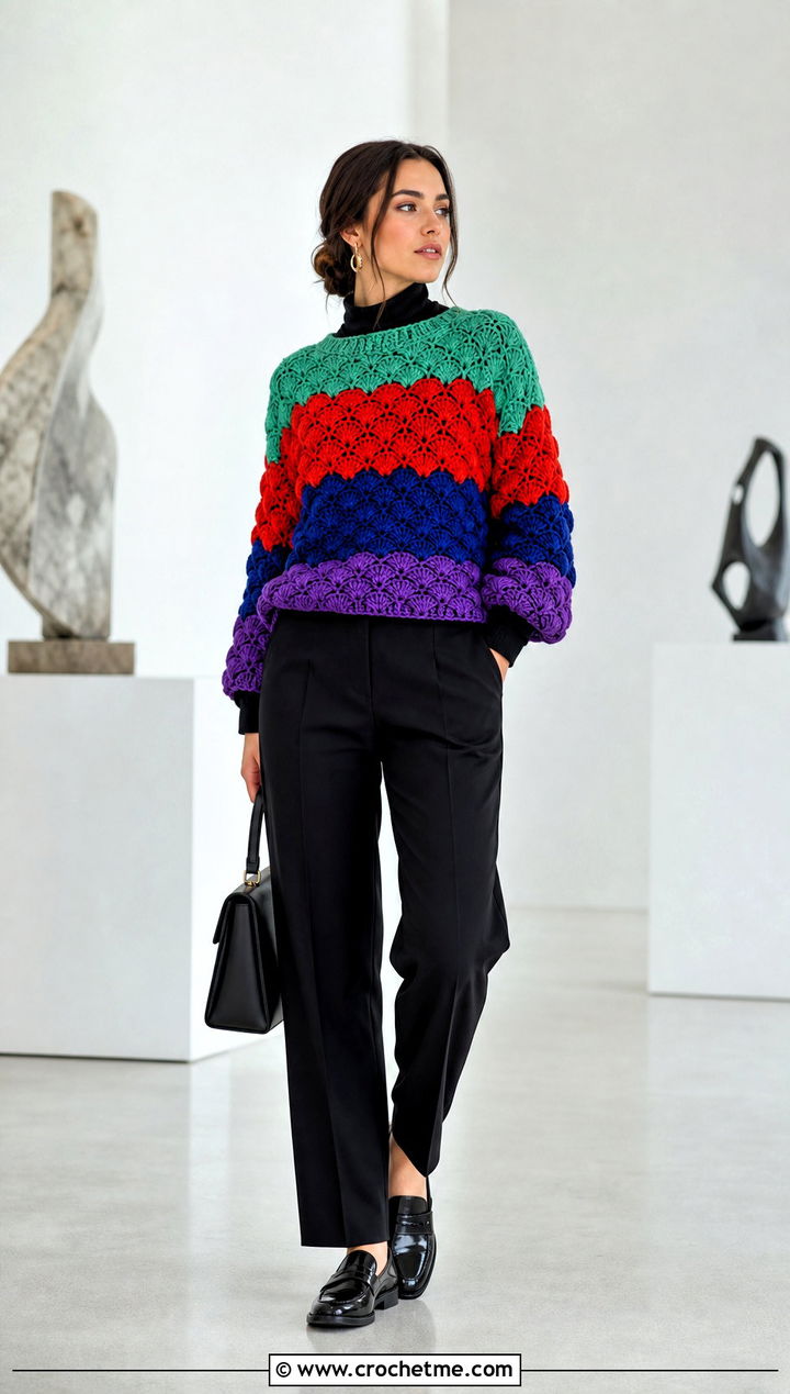 Multicolor Shell Stitch Crochet Sweater With Monochrome Separates - 25 Shell Stitch Crochet Sweater outfit ideas