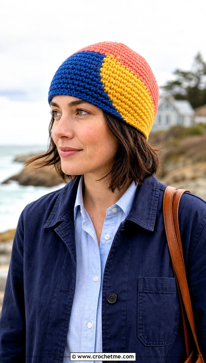 Multicolor Short Row Crochet Hat With White Denim - 25 short row crochet hat outfit ideas