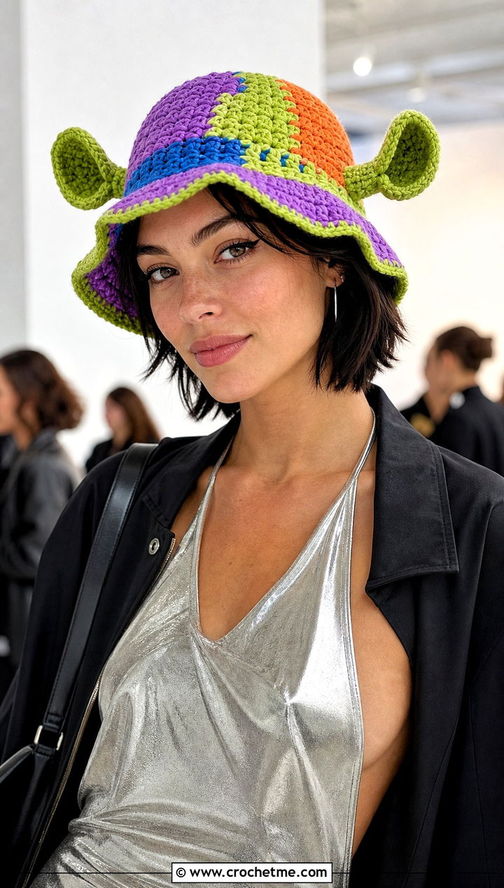 Multicolor Shrek Crochet Bucket Hat With Metallic Dress And Boots - 25 shrek crochet bucket hat outfit ideas