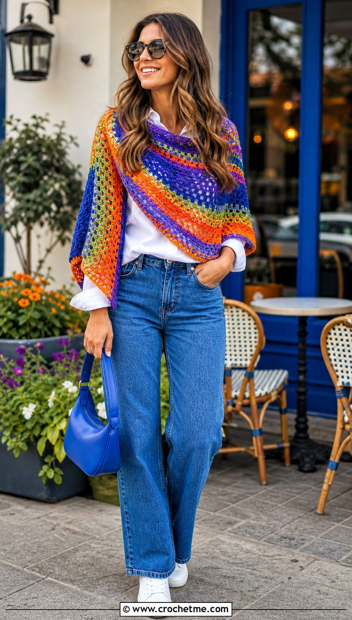 Multicolor Sideways Crochet Shawl With White Shirt And Jeans - 25 Sideways Crochet Shawl outfit ideas