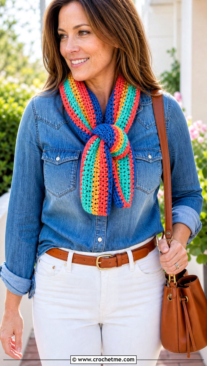 Multicolor Single Crochet Scarf With Denim Shirt And White Jeans - 25 Single Crochet Scarf outfit ideas
