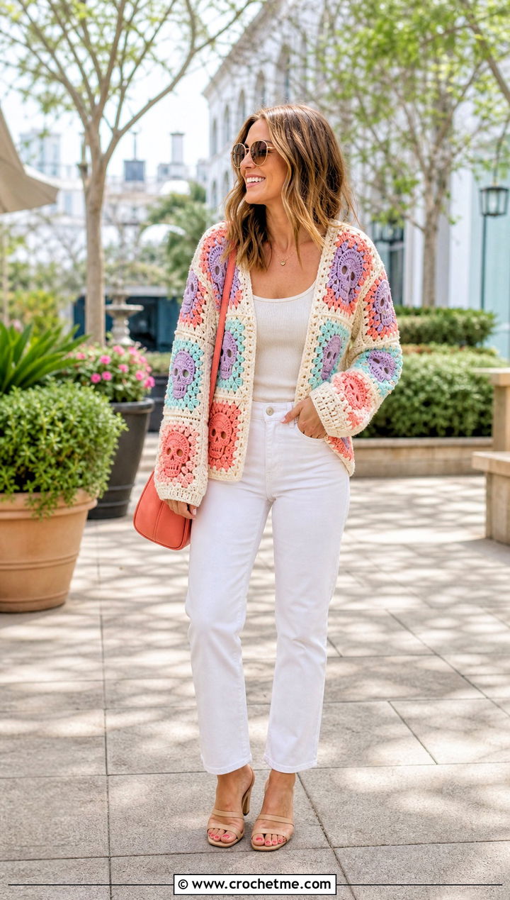 Multicolor Skull Granny Square Cardigan With White Jeans - 30 skull granny square cardigan outfit ideas