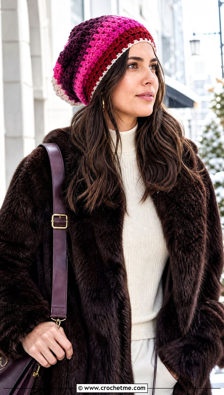 Multicolor Slouchy Crochet Beanie With Faux Fur Coat And Jeans - 20 Boho Crochet Beanie outfit ideas