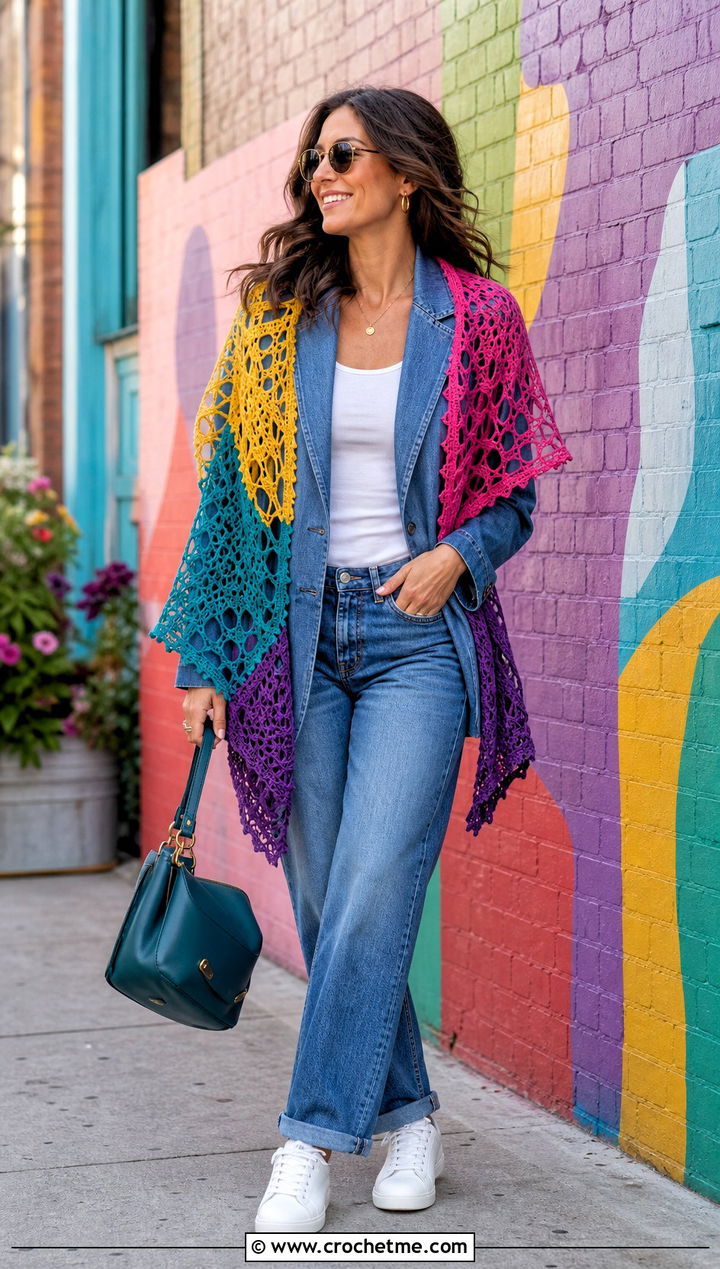 Multicolor Spiderweb Crochet Shawl With Denim Suit - 30 spiderweb crochet shawl outfit ideas