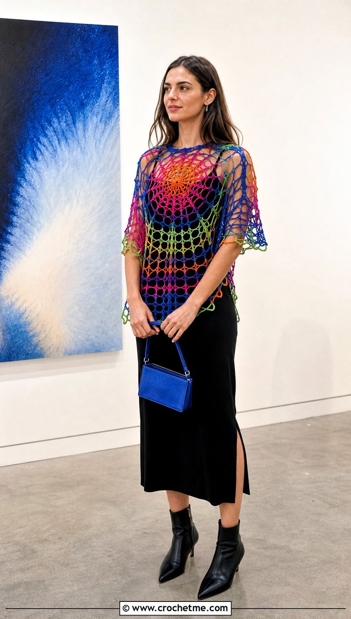 Multicolor Spiderweb Top With Black Midi Dress - 25 Crochet Cobweb Top outfit ideas