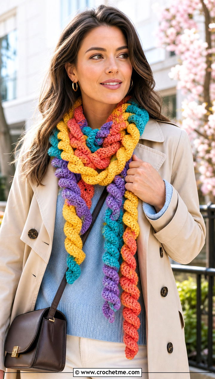 Multicolor Spiral Crochet Scarf With Trench Coat - 15 easy spiral crochet scarf outfit ideas