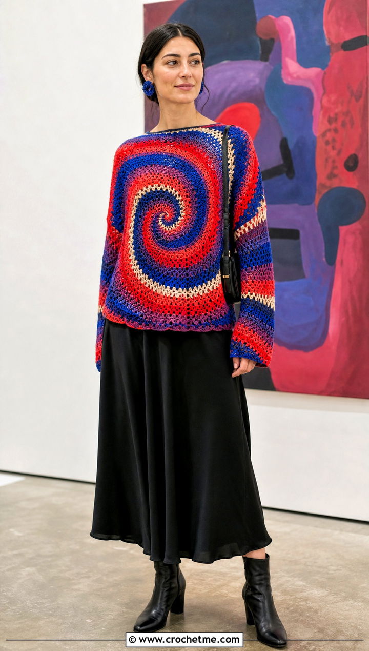 Multicolor Spiral Crochet Sweater With Black Midi Skirt - 35 spiral crochet sweater outfit ideas