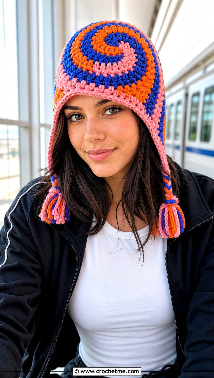 Multicolor Spiral Ear Flap Beanie With Track Jacket - 30 crochet ear flap beanie outfit ideas