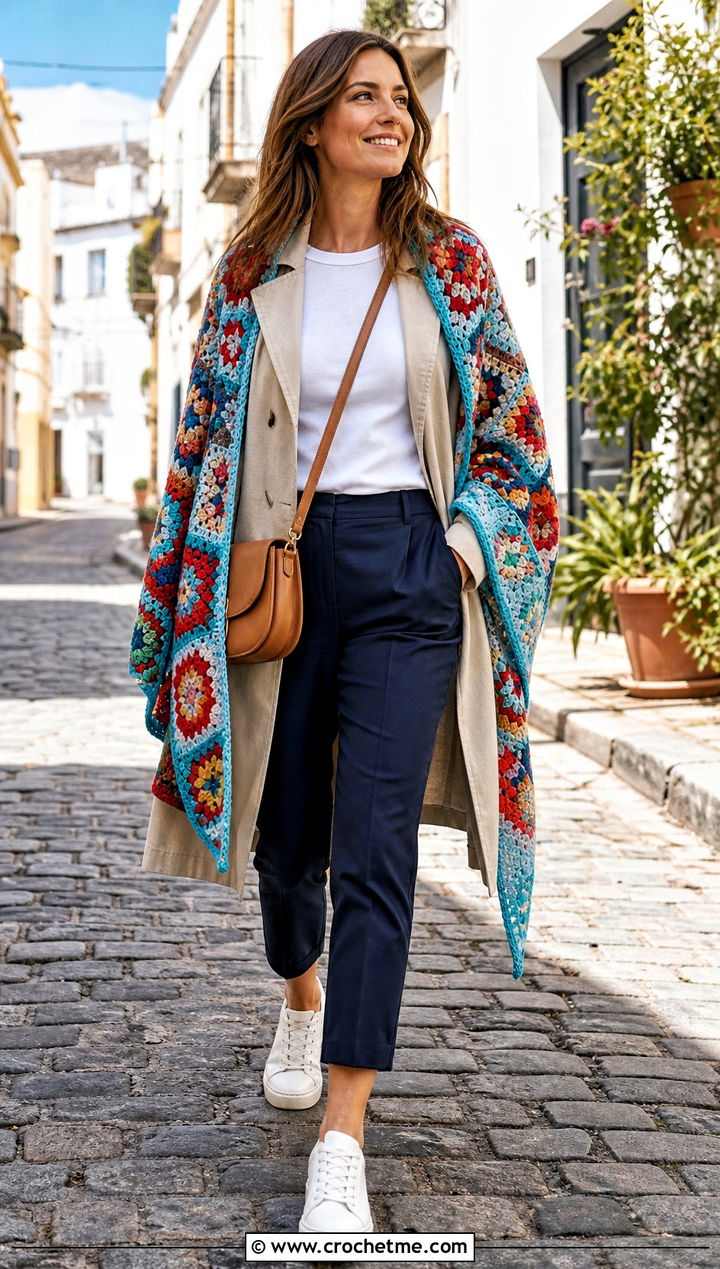 Multicolor Square Crochet Shawl With Trench Coat And Sneakers - 25 Square Crochet Shawl outfit ideas
