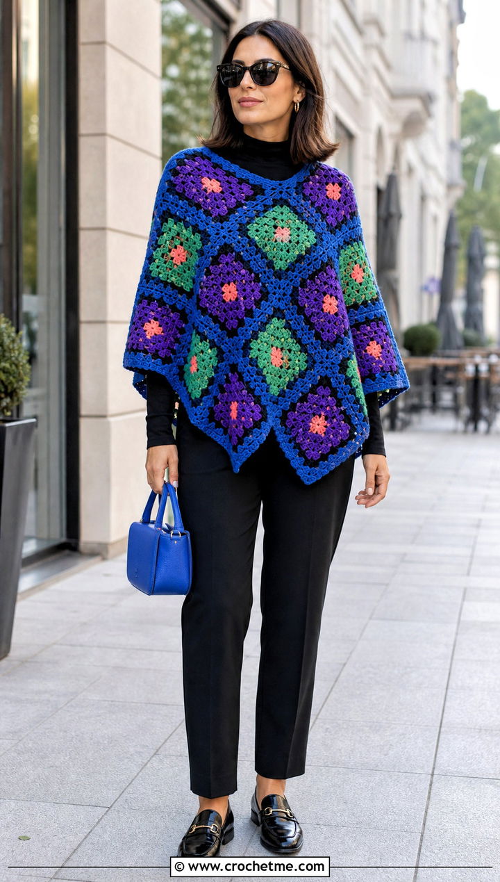 Multicolor Square Poncho With Monochrome Outfit - 30 crochet square poncho outfit ideas