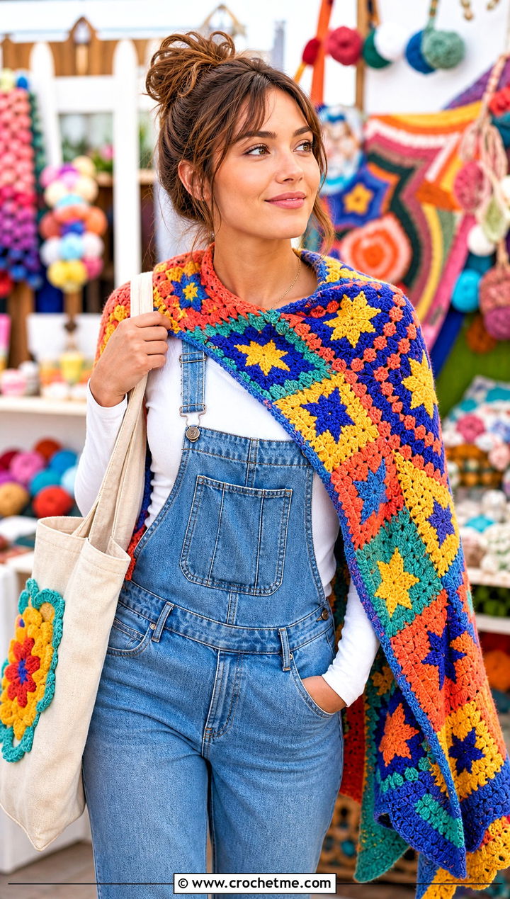 Multicolor Star Motif Crochet Shawl With Overalls - 30 star crochet shawl outfit ideas