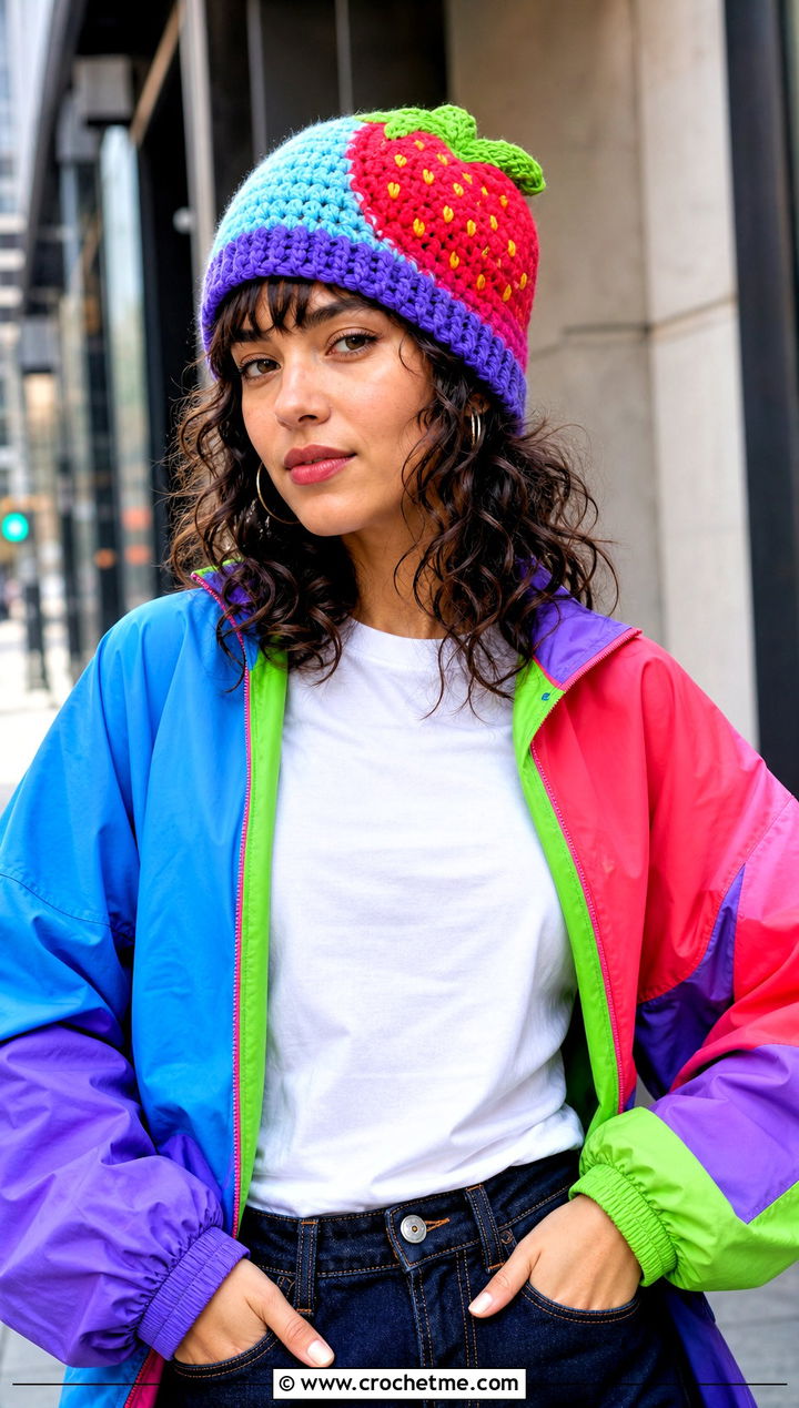 Multicolor Strawberry Beanie With Colorblock Jacket - 30 Crochet Strawberry Beanie outfit ideas