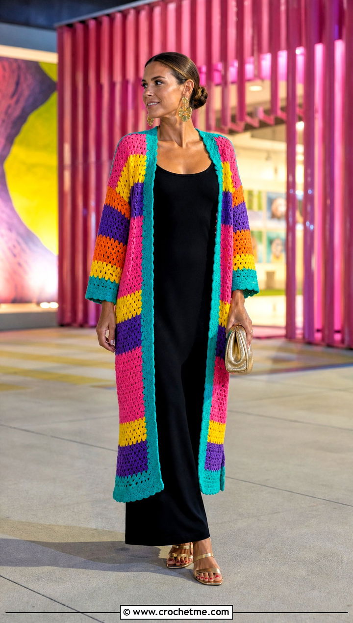 Multicolor Stripe Crochet Cardigan With Black Maxi Dress - 35 crochet striped cardigan outfit ideas
