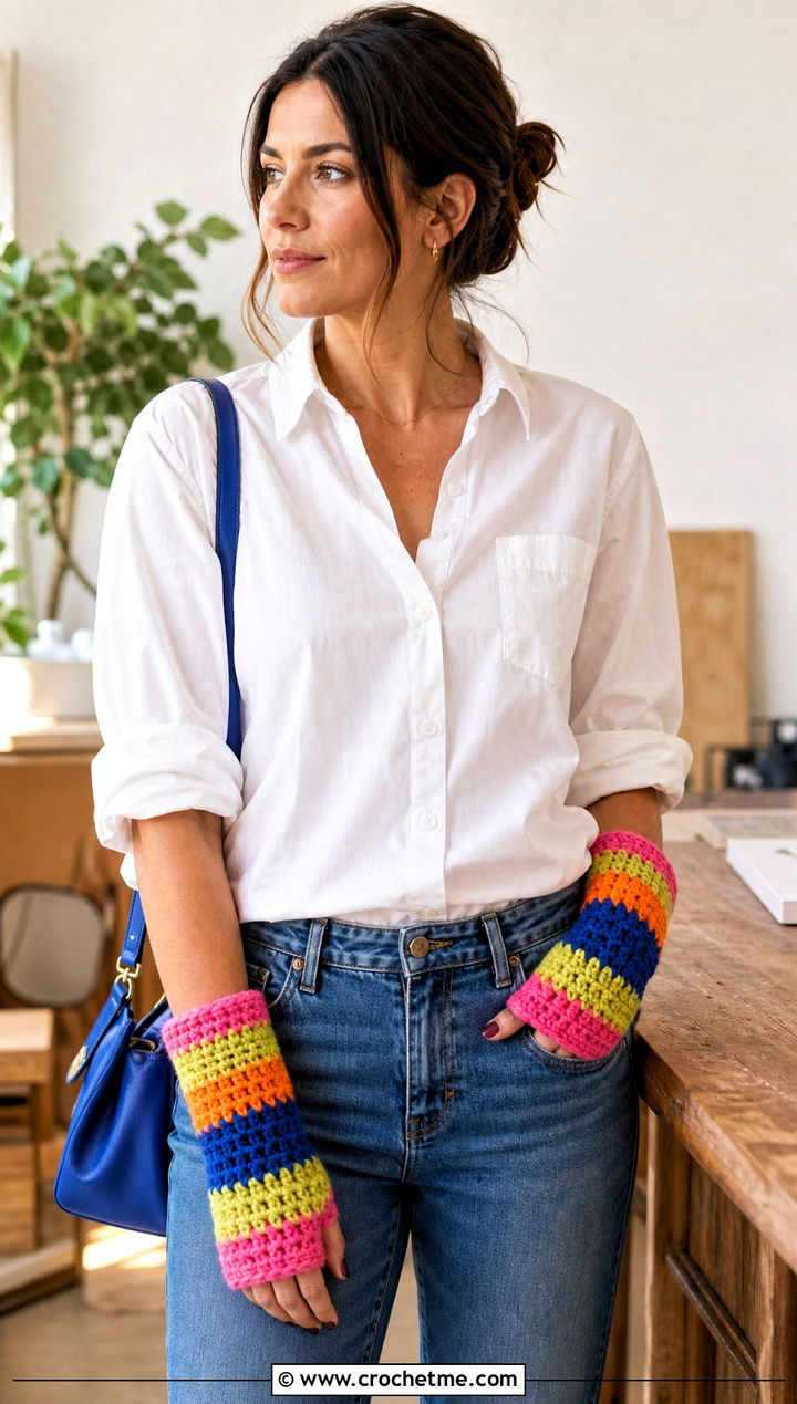 Multicolor Stripe Hand Warmers With White Shirt And Jeans - 30 easy crochet hand warmers outfit ideas