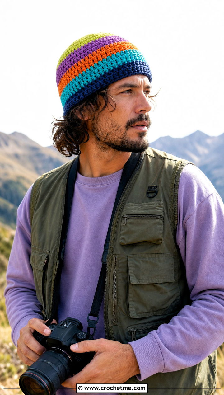 Multicolor Striped Crochet Beanie With Utility Vest - 15 mens striped crochet beanie outfit ideas