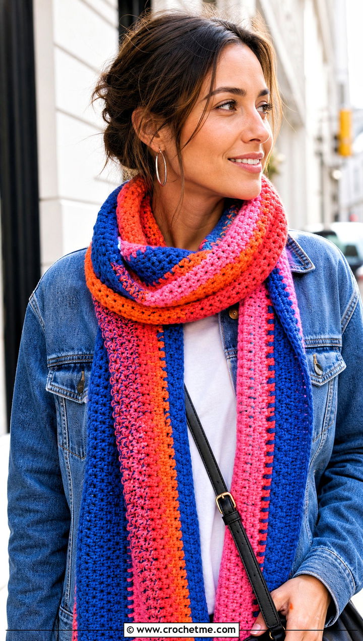 Multicolor Striped Stitch Sampler Scarf With Denim Jacket - 20 Crochet Stitch Sampler Scarf outfit ideas