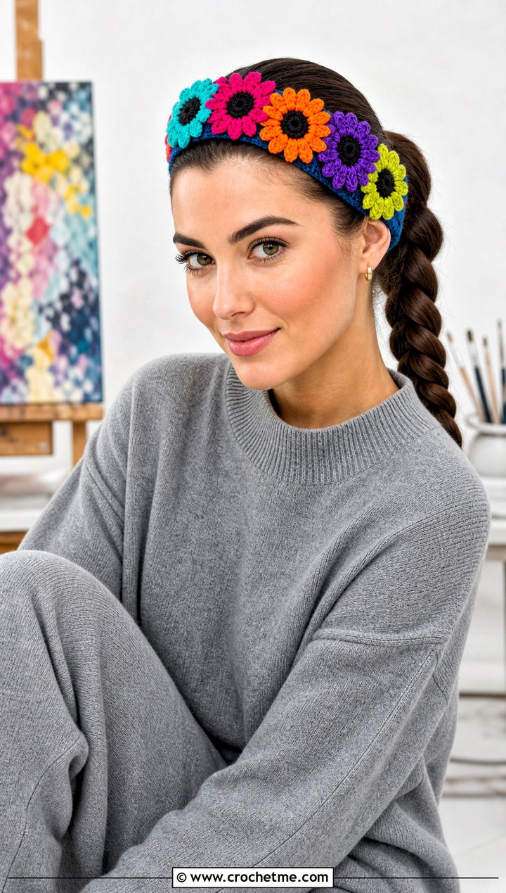 Multicolor Sunflower Headband With Monochrome Outfit - 25 Crochet Sunflower Headband outfit ideas