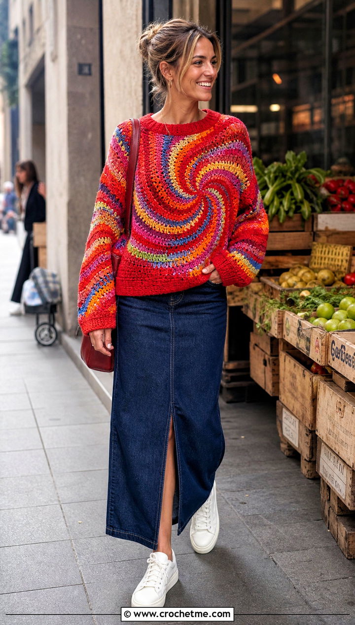 Multicolor Swirl Crochet Sweater With Denim Maxi Skirt - 25 swirl crochet sweater outfit ideas