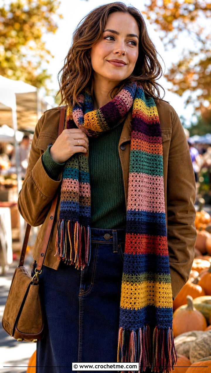 Multicolor Tasseled Tom Baker Scarf With Denim Skirt - 15 crochet tom baker scarf outfit ideas