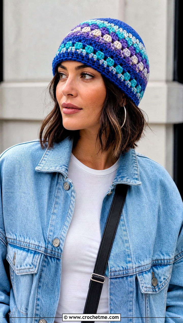Multicolor Tempest Crochet Beanie With Denim Jacket - 15 tempest crochet beanie outfit ideas