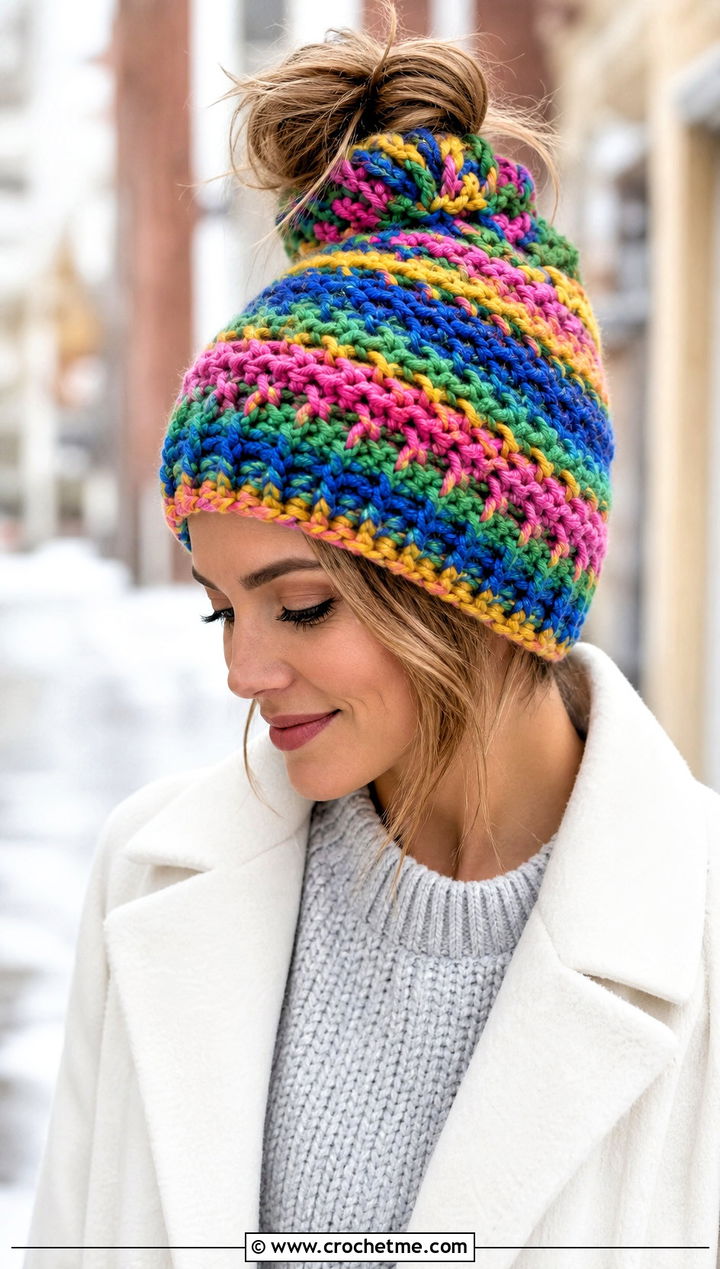 Multicolor Textured Messy Bun Crochet Beanie With White Coat - 30 easy messy bun crochet beanie outfit ideas