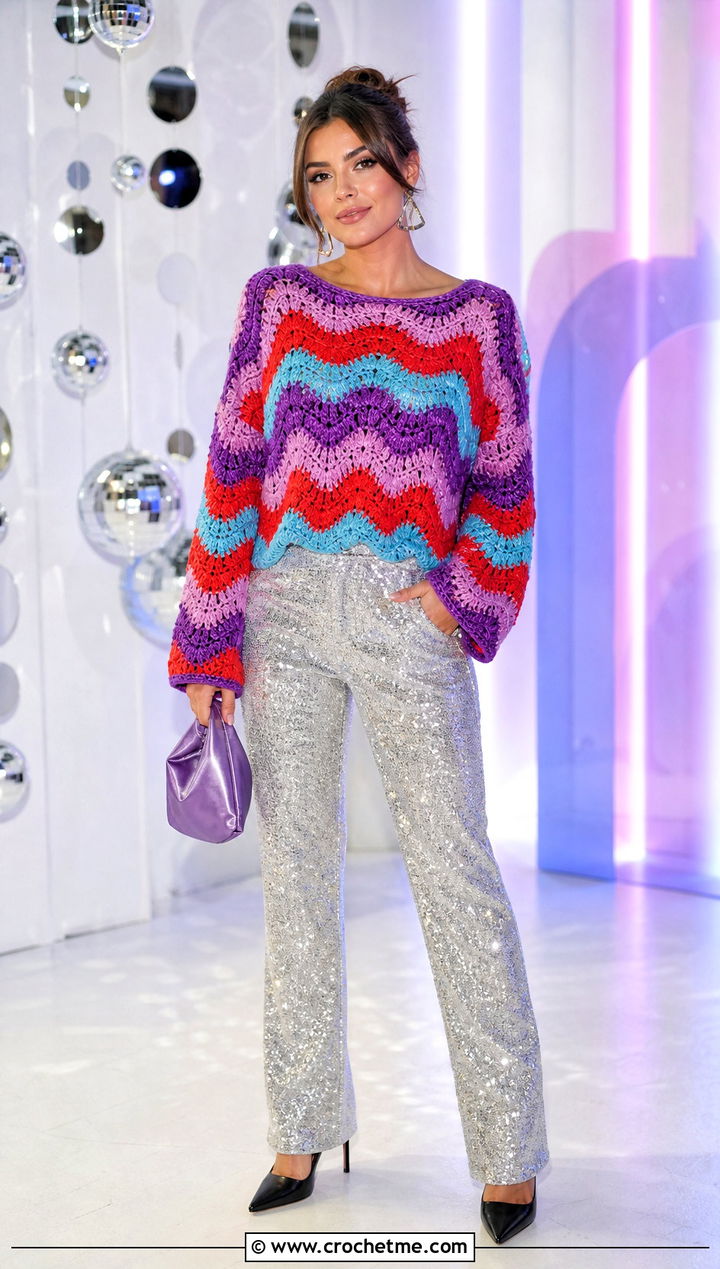 Multicolor Tom Daley Crochet Sweater With Sequin Trousers - 25 tom daley crochet sweater outfit ideas