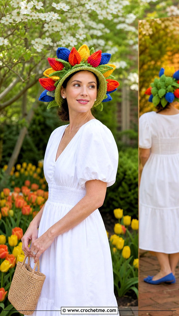 Multicolor Tulip Garden Hat With White Dress And Bright Flats - 30 crochet tulip hat outfit ideas
