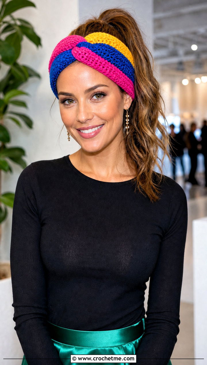 Multicolor Twisted Knot Crochet Headband With Satin Skirt - 15 Twisted Knot Crochet Headband outfit ideas
