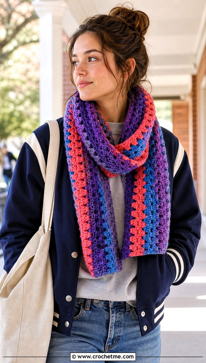 Multicolor V Stitch Crochet Scarf With Varsity Jacket - 25 v stitch crochet scarf outfit ideas