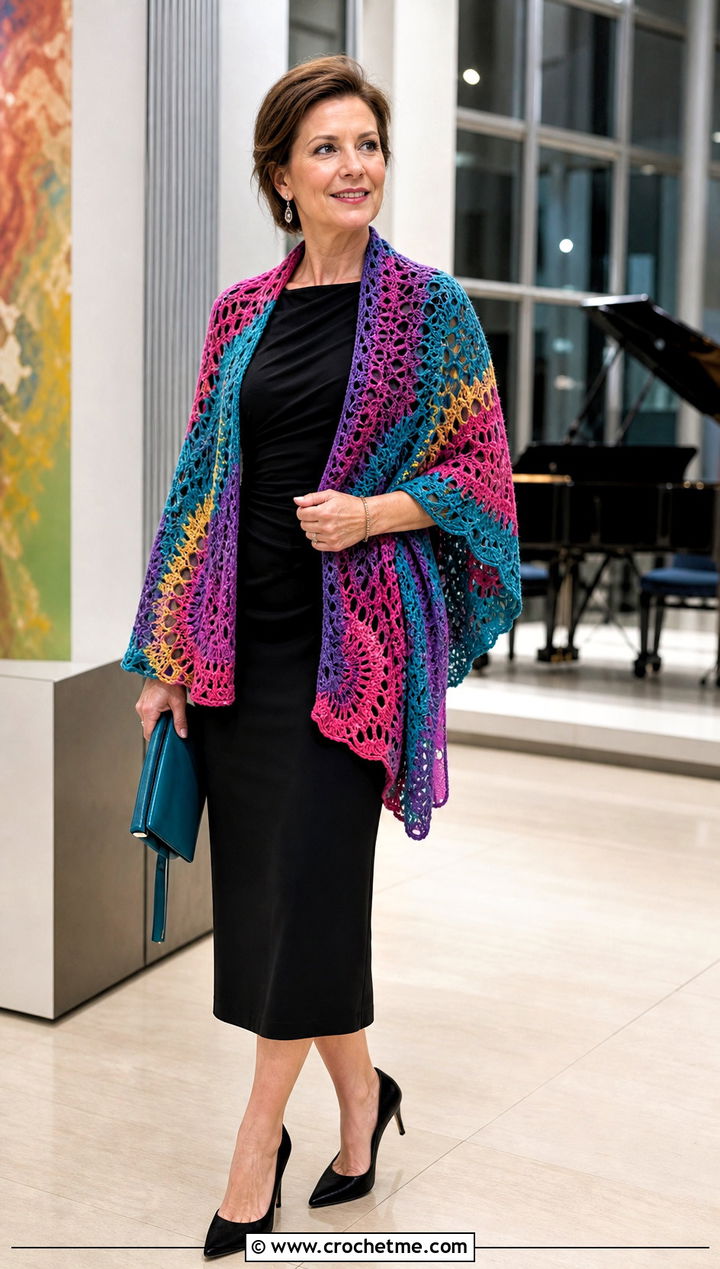 Multicolor Virus Shawl With Column Dress - 35 crochet virus shawl outfit ideas