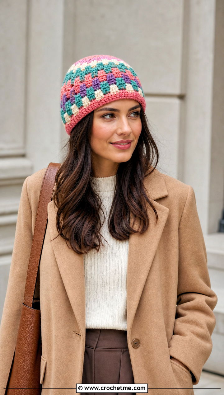 Multicolor Waffle Crochet Beanie With Neutral Coat - 20 waffle crochet beanie outfit ideas