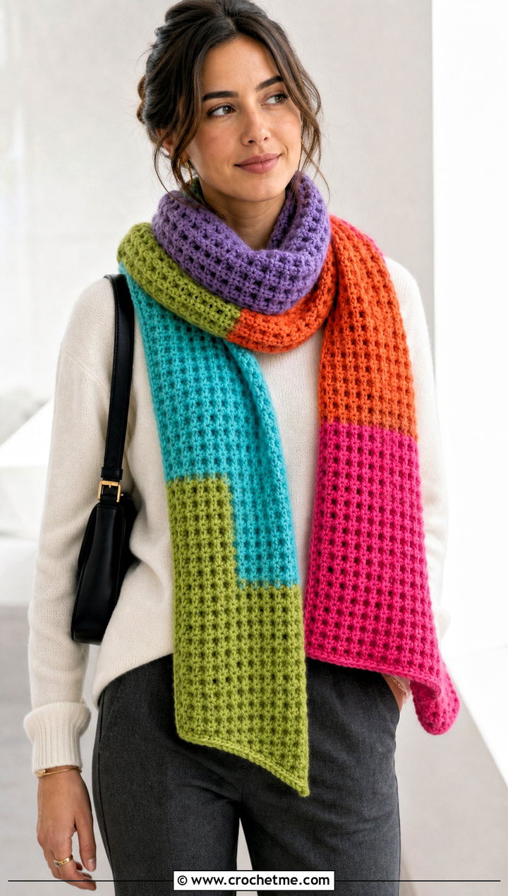 Multicolor Waffle Crochet Scarf With Minimalist Outfit - 25 Waffle Crochet Scarf outfit ideas