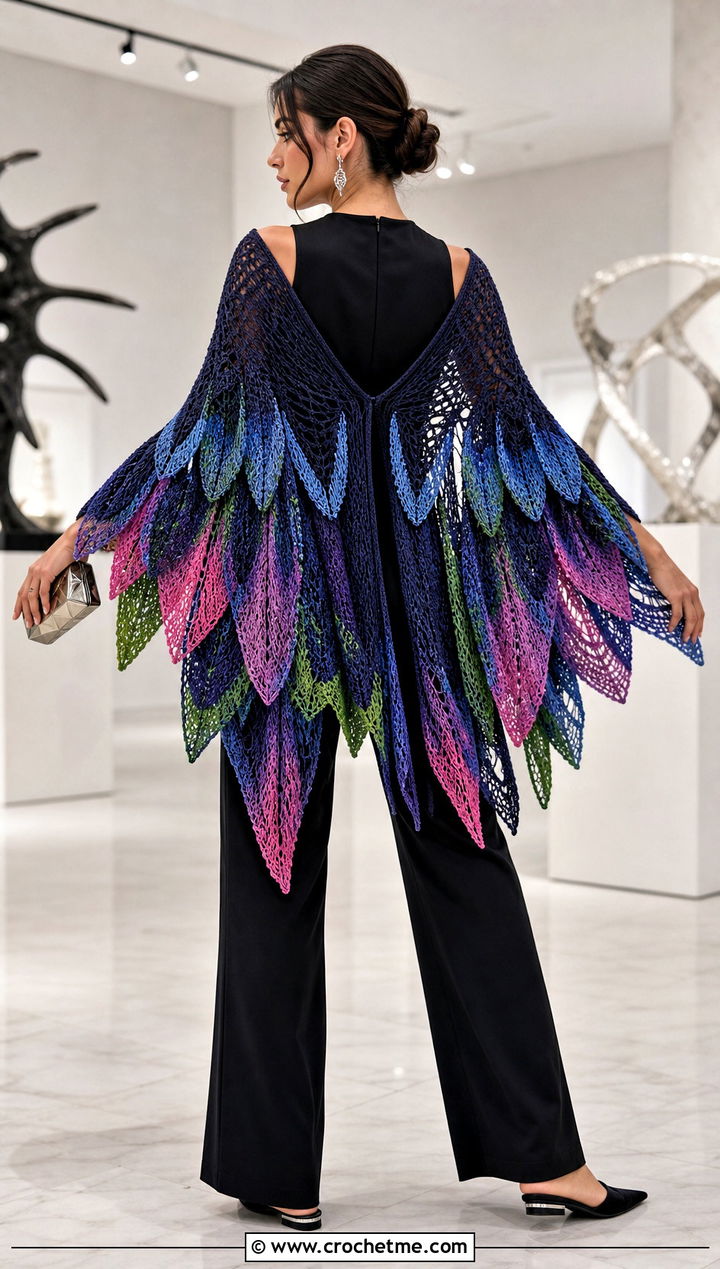 Multicolor Wing Shawl With Black Jumpsuit - 30 Crochet Wing Shawl outfit ideas