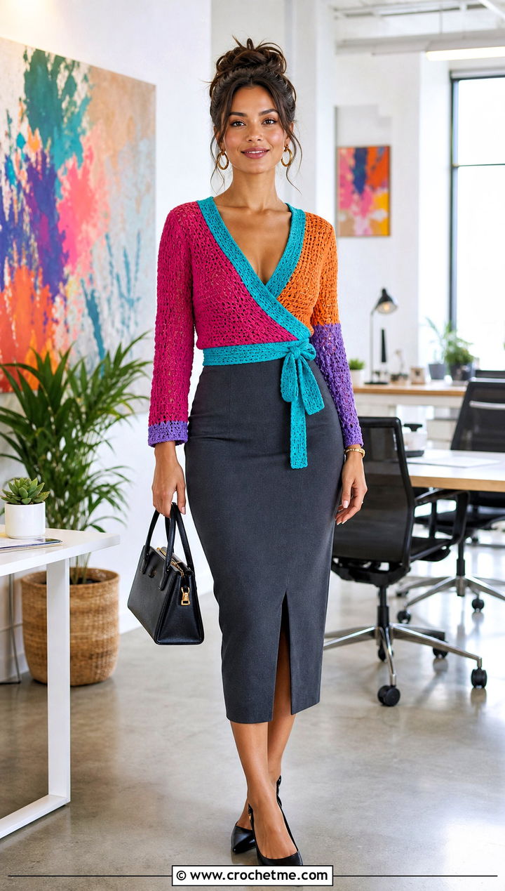 Multicolor Wrap Crochet Top With Pencil Skirt - 35 multicolor crochet top outfit ideas
