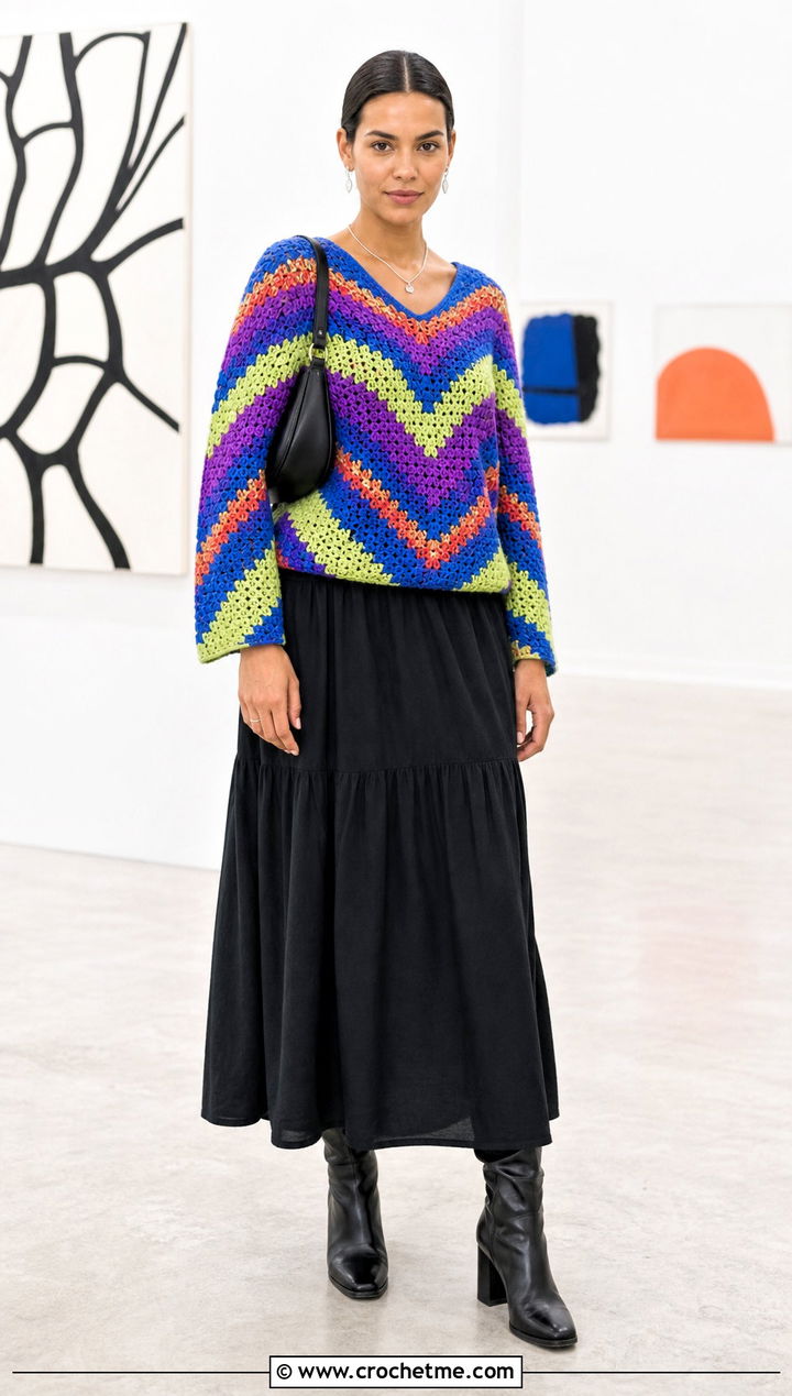 Multicolor Zigzag V Stitch Crochet Sweater With Black Maxi Skirt - 25 V Stitch Crochet Sweater outfit ideas