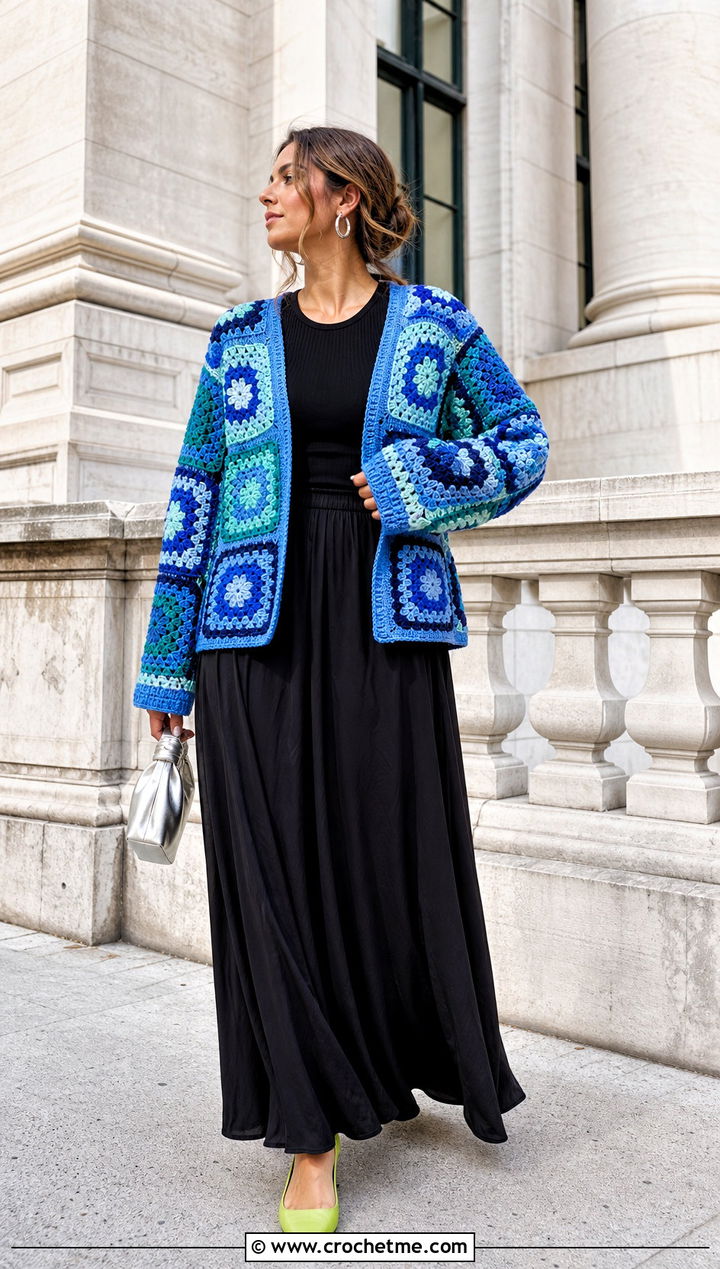 Multitone Blue Granny Square Cardigan With Black Maxi Skirt - 30 blue granny square cardigan outfit ideas