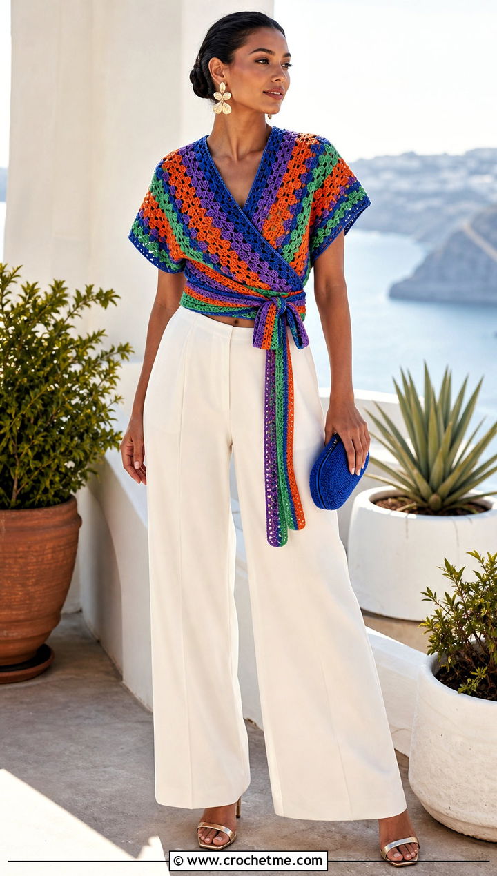 Multiway Crochet Wrap Top With Palazzo Pants - 25 wrap around crochet top outfit ideas