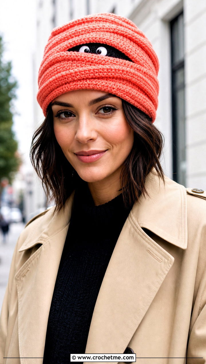 Mummy Wrap Beanie With Trench Coat - 25 Halloween Crochet Beanies outfit ideas