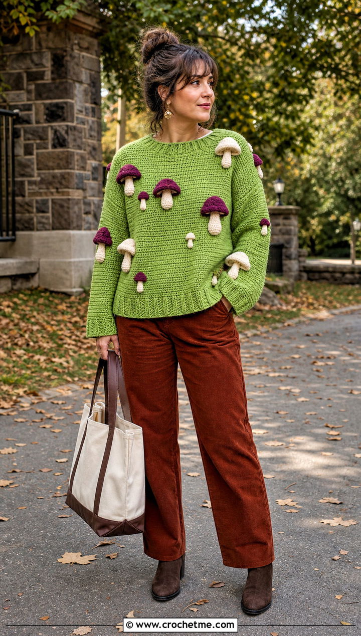 Mushroom Amigurumi Sweater With Corduroy Pants - 30 amigurumi sweater outfit ideas