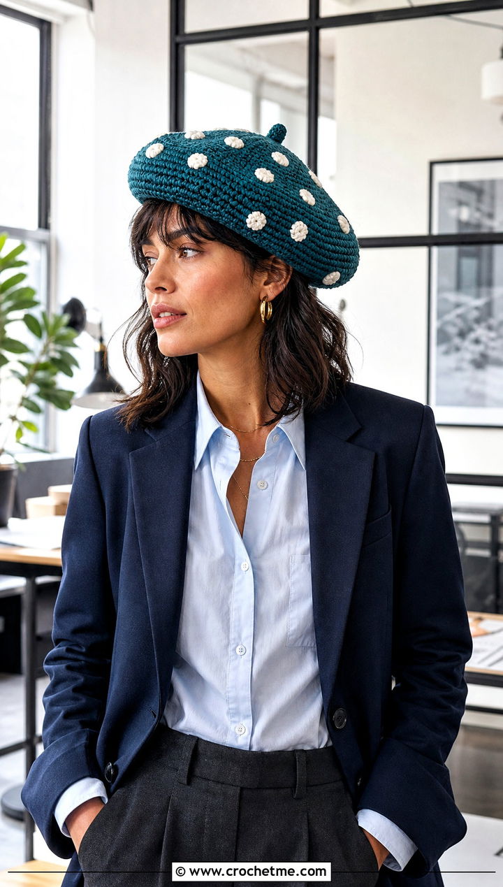 Mushroom Beret Crochet Hat With Tailored Trousers - 25 mushroom crochet hat outfit ideas
