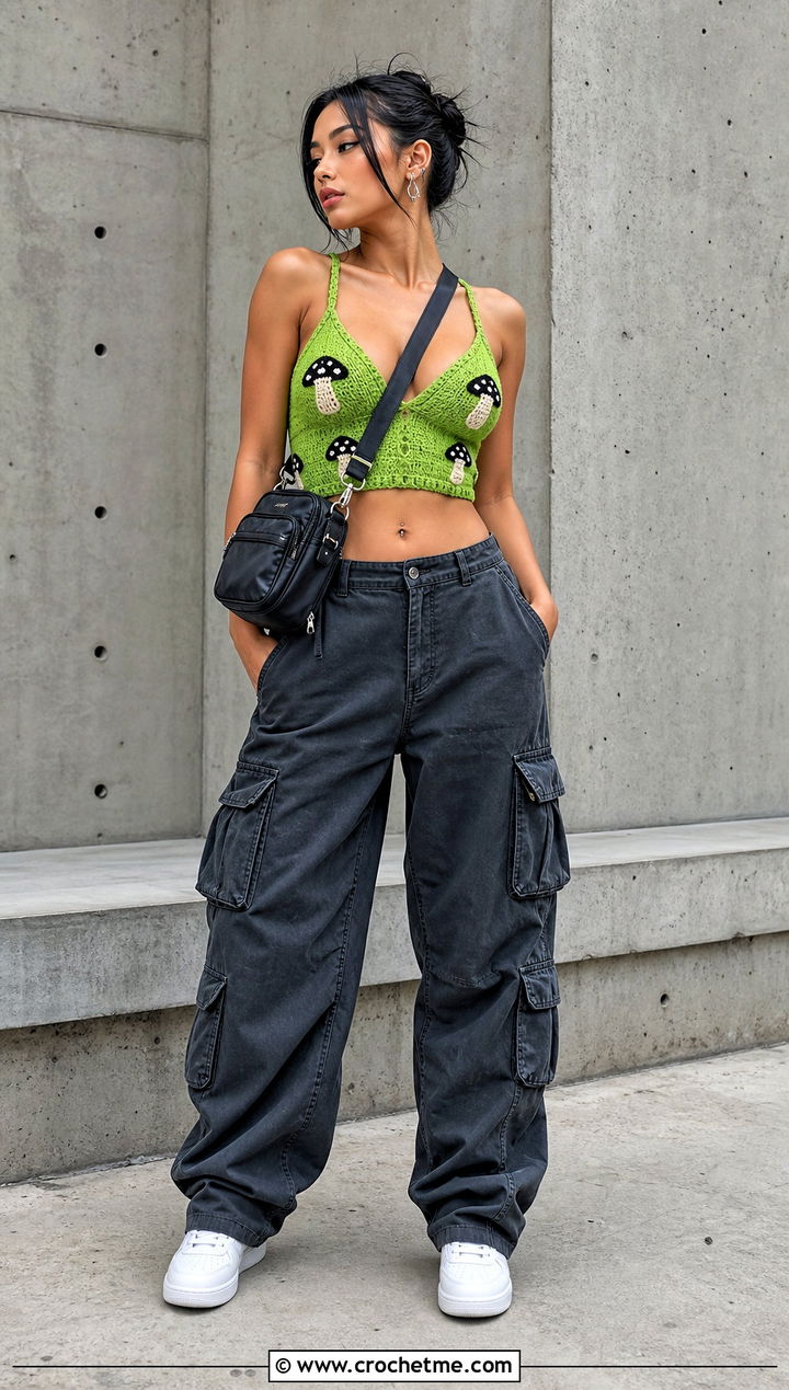 Mushroom Bustier Crochet Crop Top With Cargo Pants - 15 Crochet Mushroom Crop Top outfit ideas
